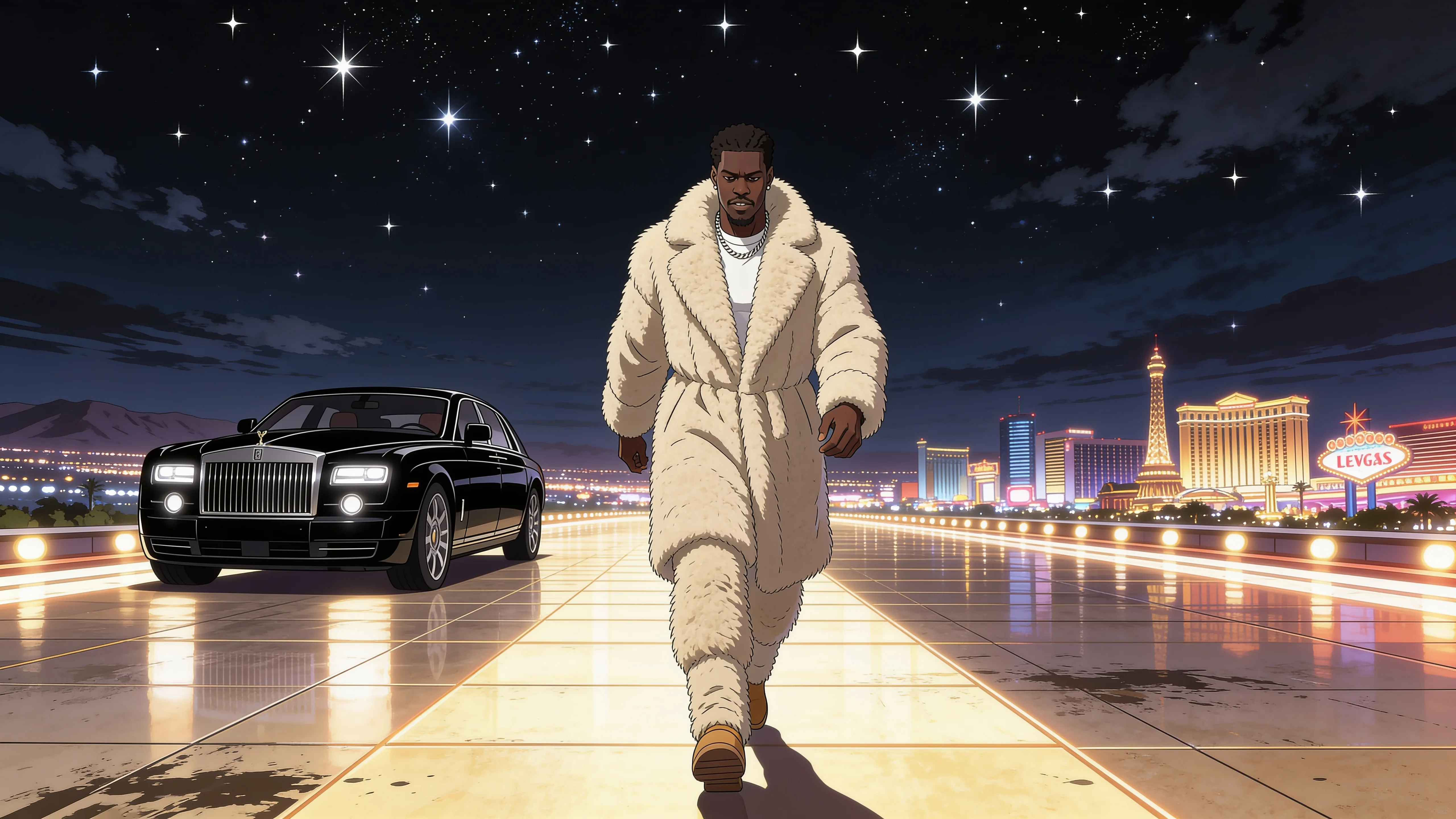 A woman in a casual outfit walks confidently down a city street at night, with a luxury car and neon-lit buildings in the background.
