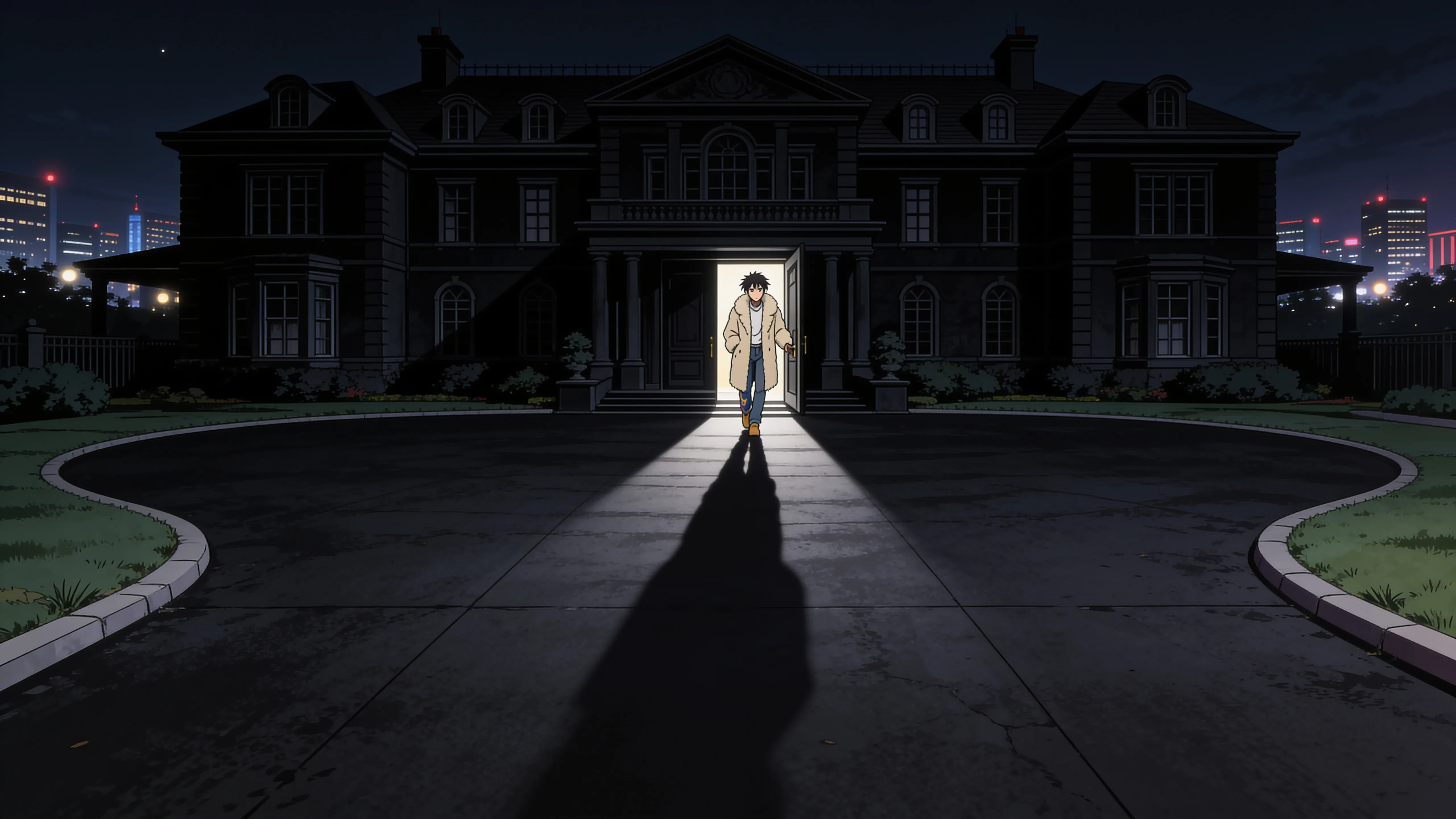 A character stands at the entrance of a grand mansion, illuminated by a spotlight.