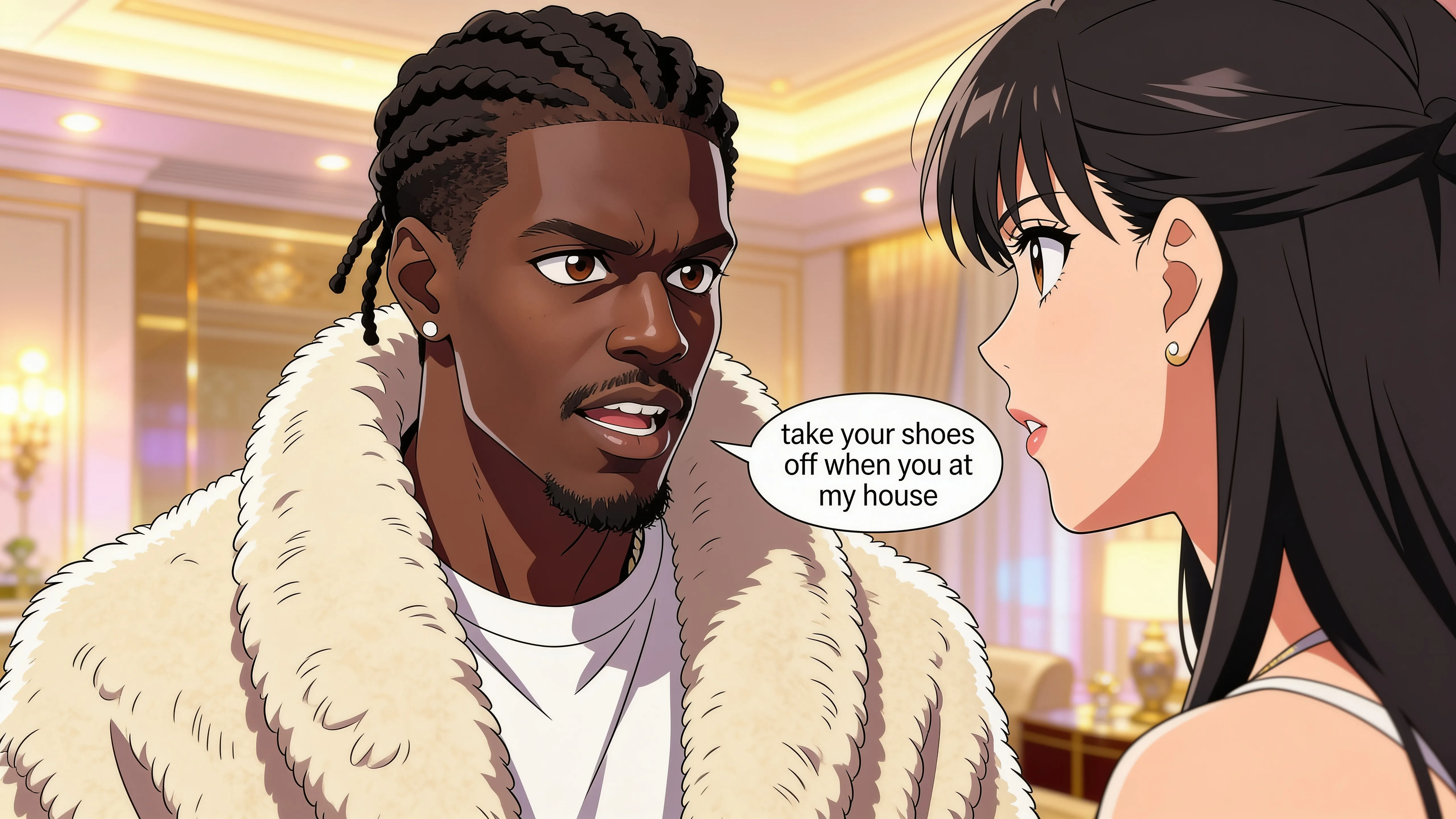 A woman in a bedroom tells a man to remove his shoes when at her house.