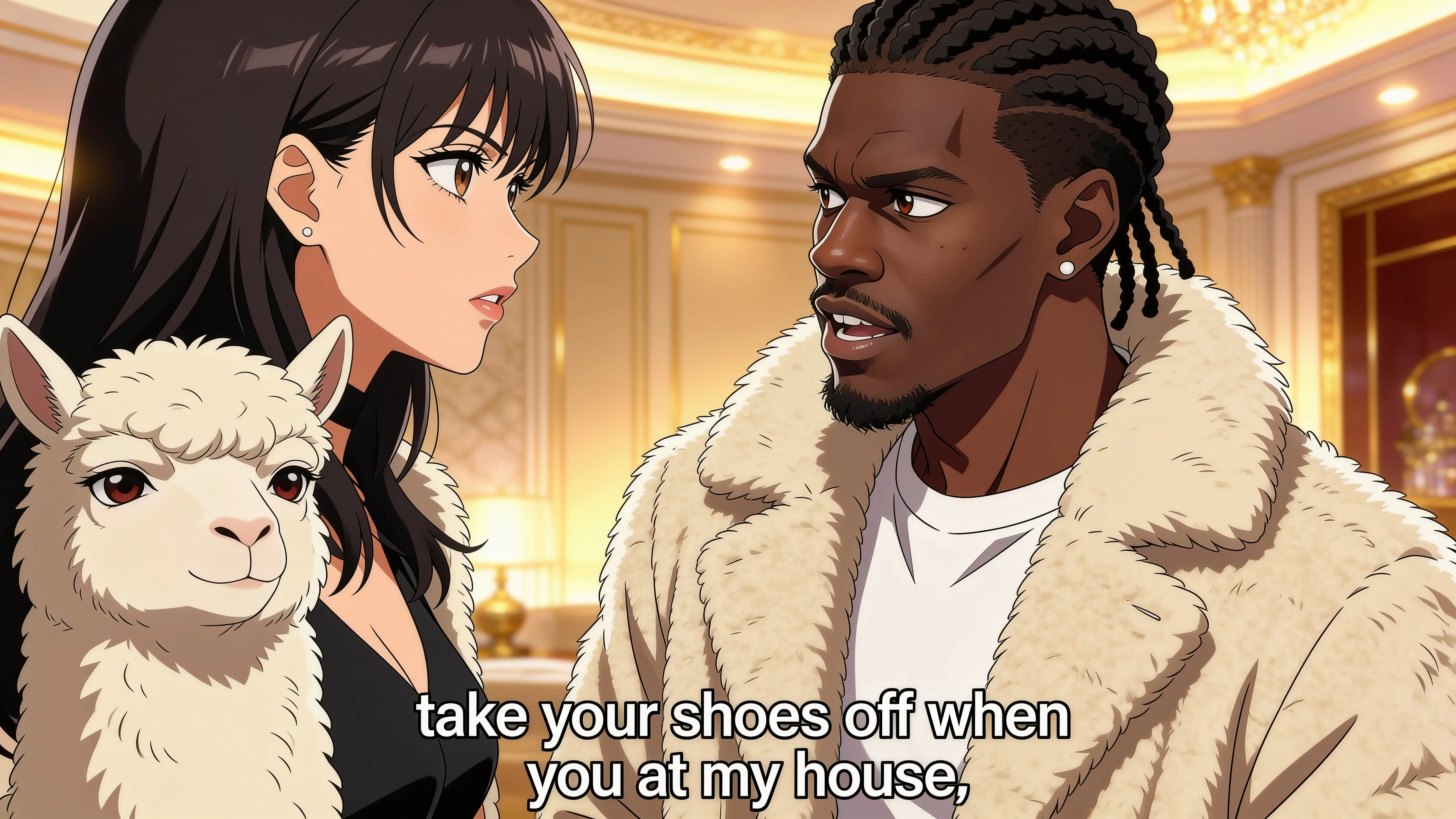 A woman and a man in casual attire stand together, with the text 'take your shoes off when you at my house' displayed.