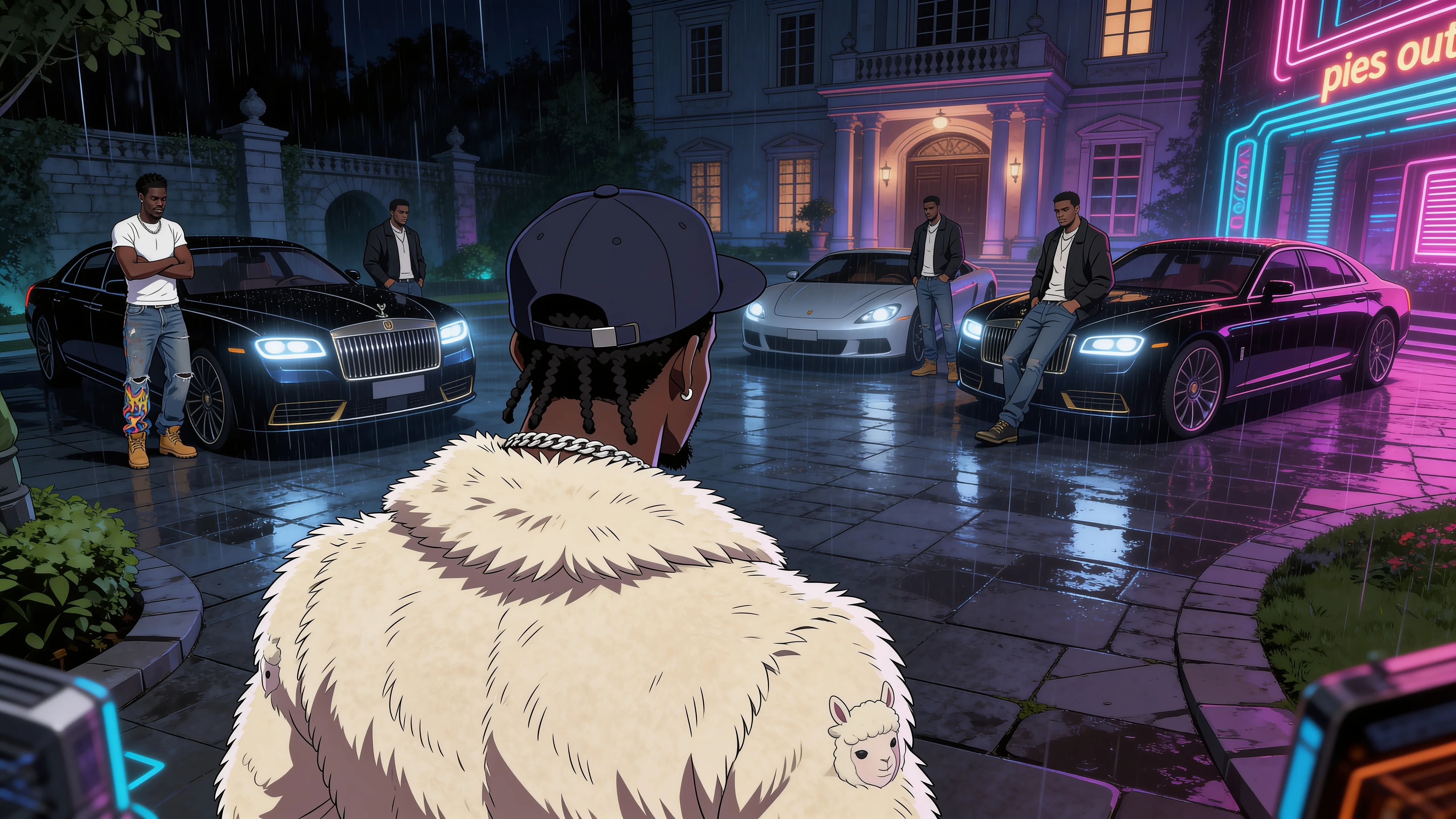 A group of stylish individuals stands on a rainy street, with luxury cars and neon lights in the background.