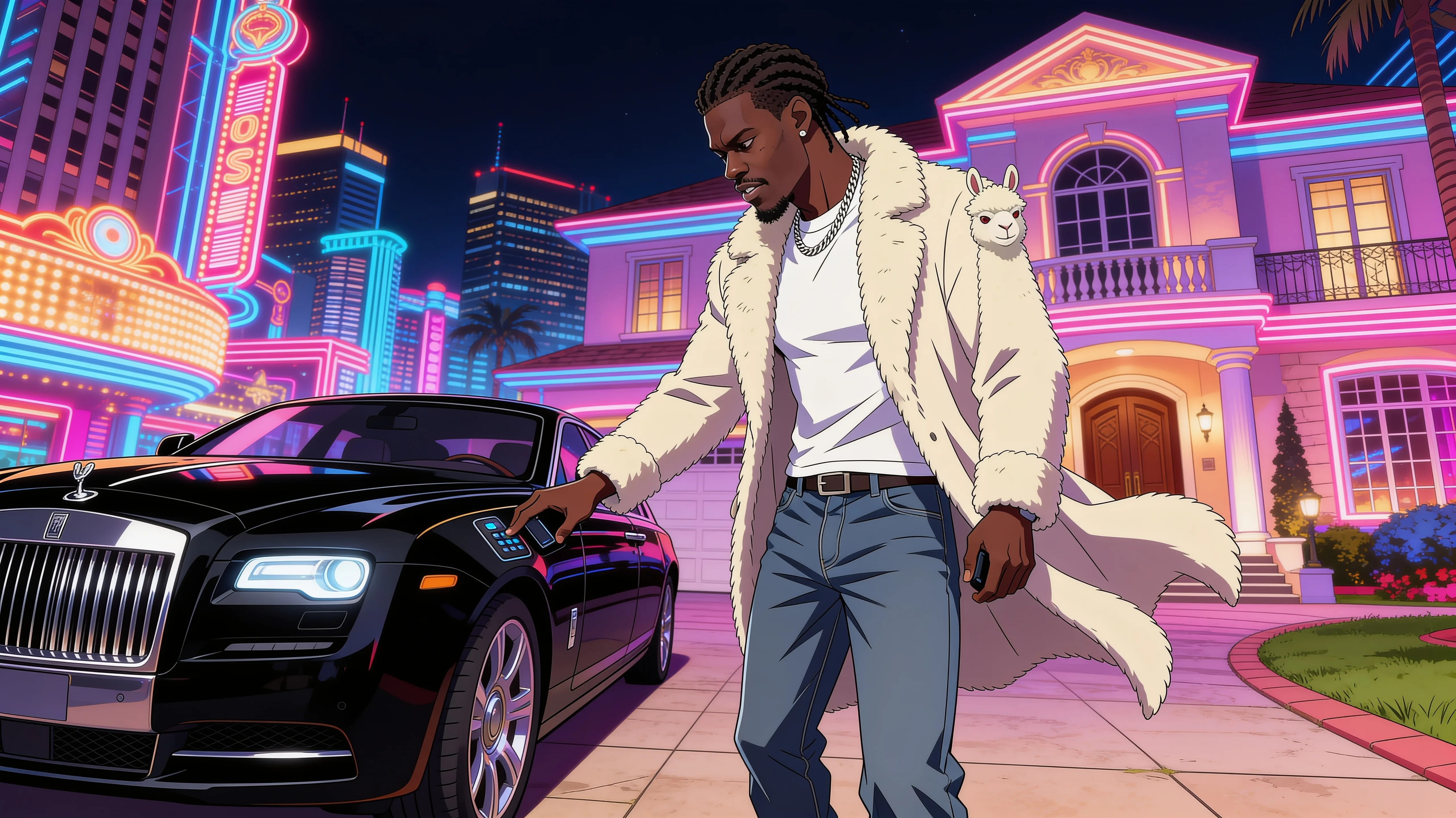 A stylish individual stands next to a luxury car on a vibrant city street at night.