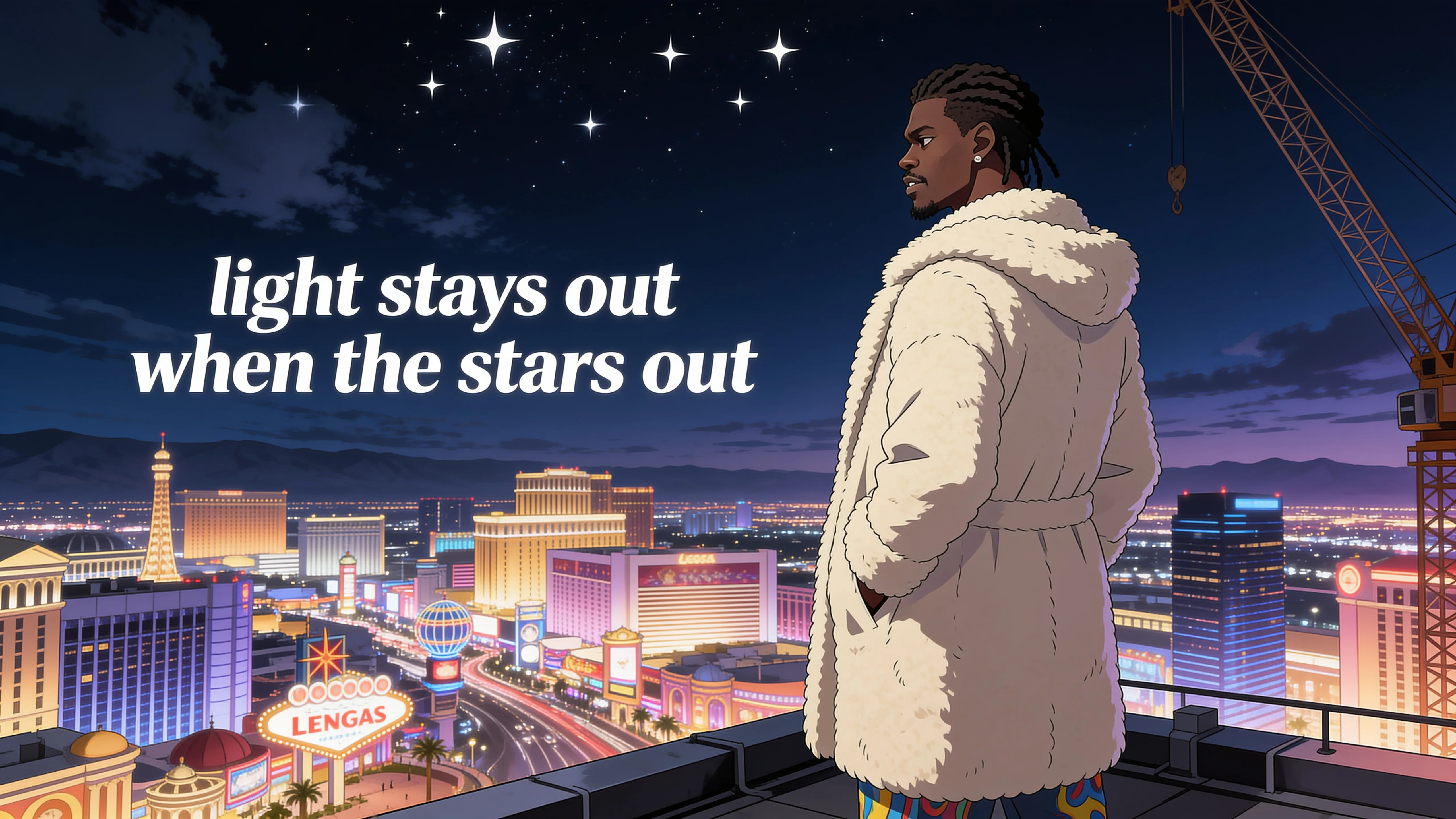 A person stands on a balcony overlooking the vibrant Las Vegas skyline at night.