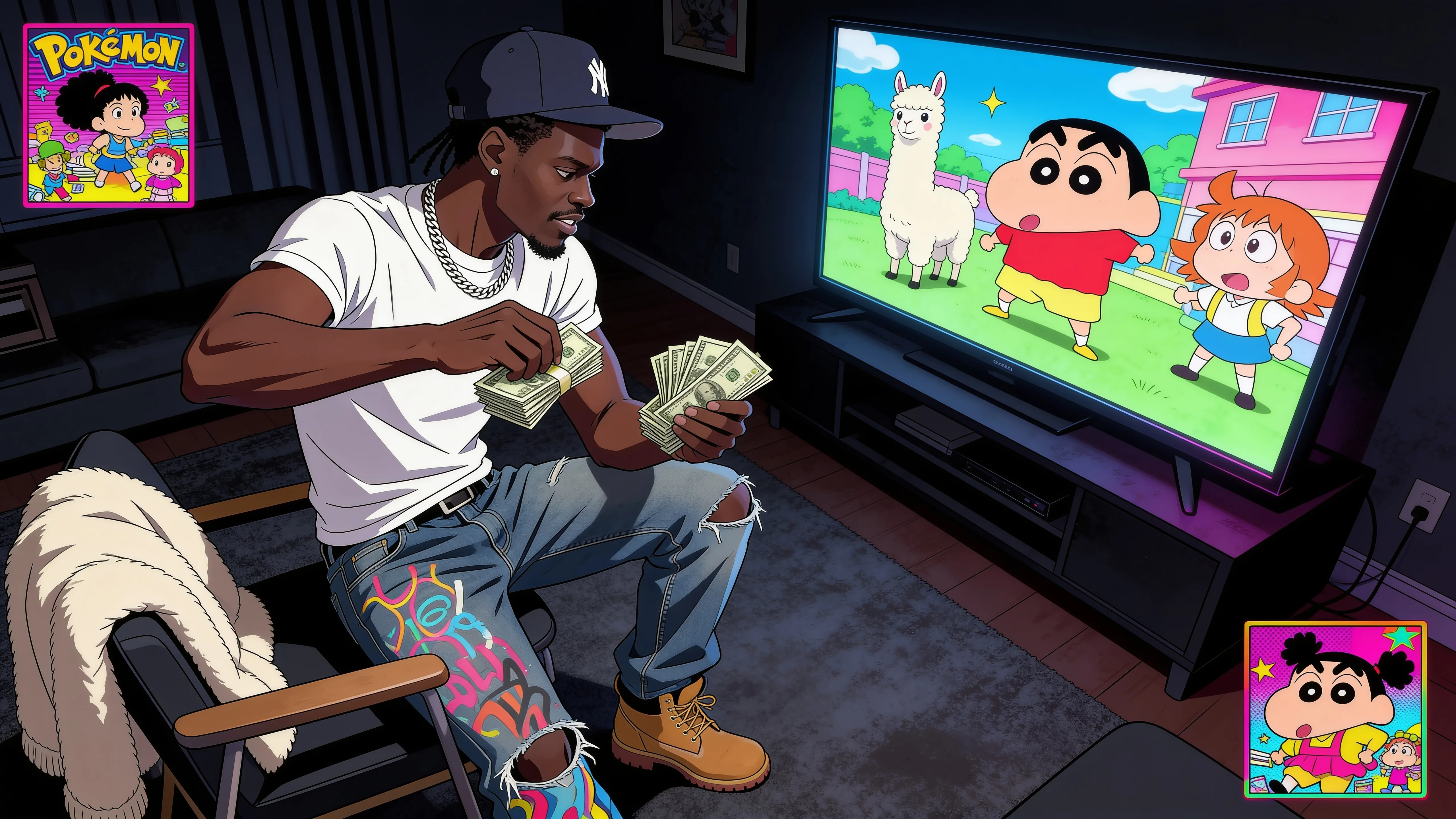 A man in casual attire counts money while watching Pokémon on TV.