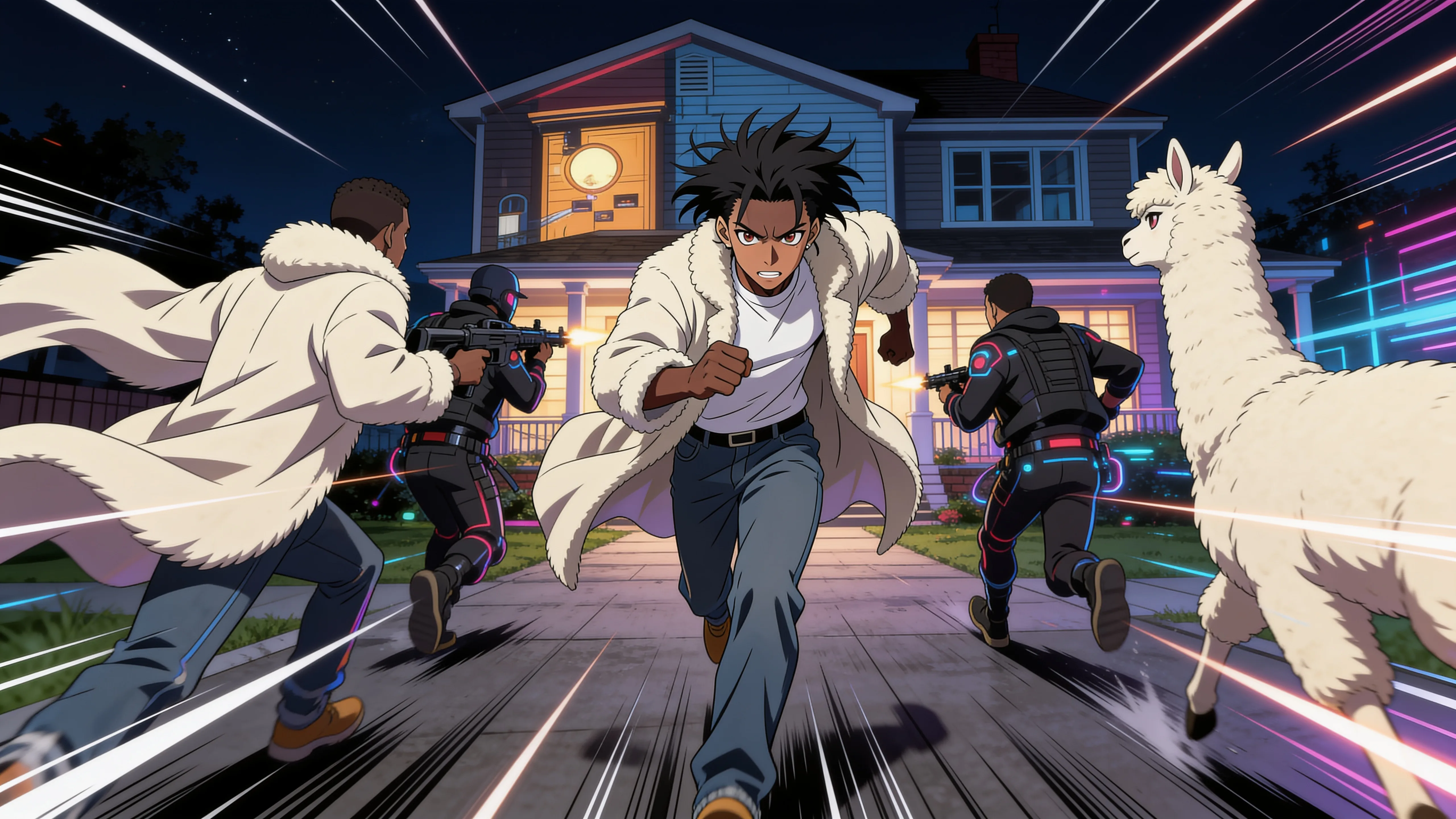 A group of characters, including a central figure in casual attire and two others with futuristic weapons, run towards the viewer on a suburban street at night.