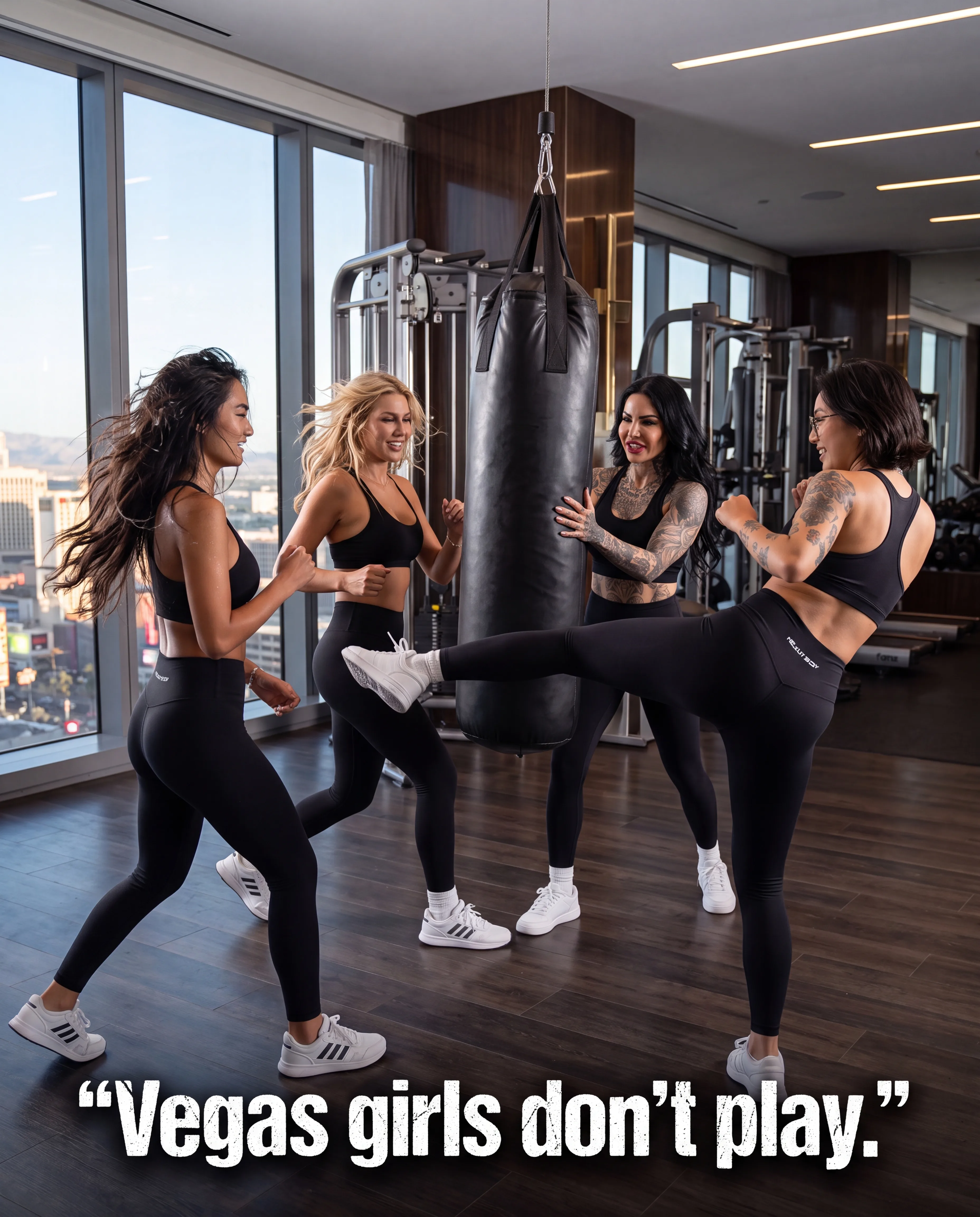 Four women in athletic wear engage energetically with a punching bag in a modern studio setting.