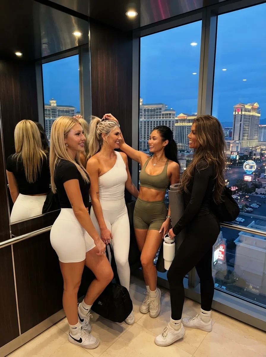 Four women in athletic wear stand on a balcony with the cityscape at dusk.