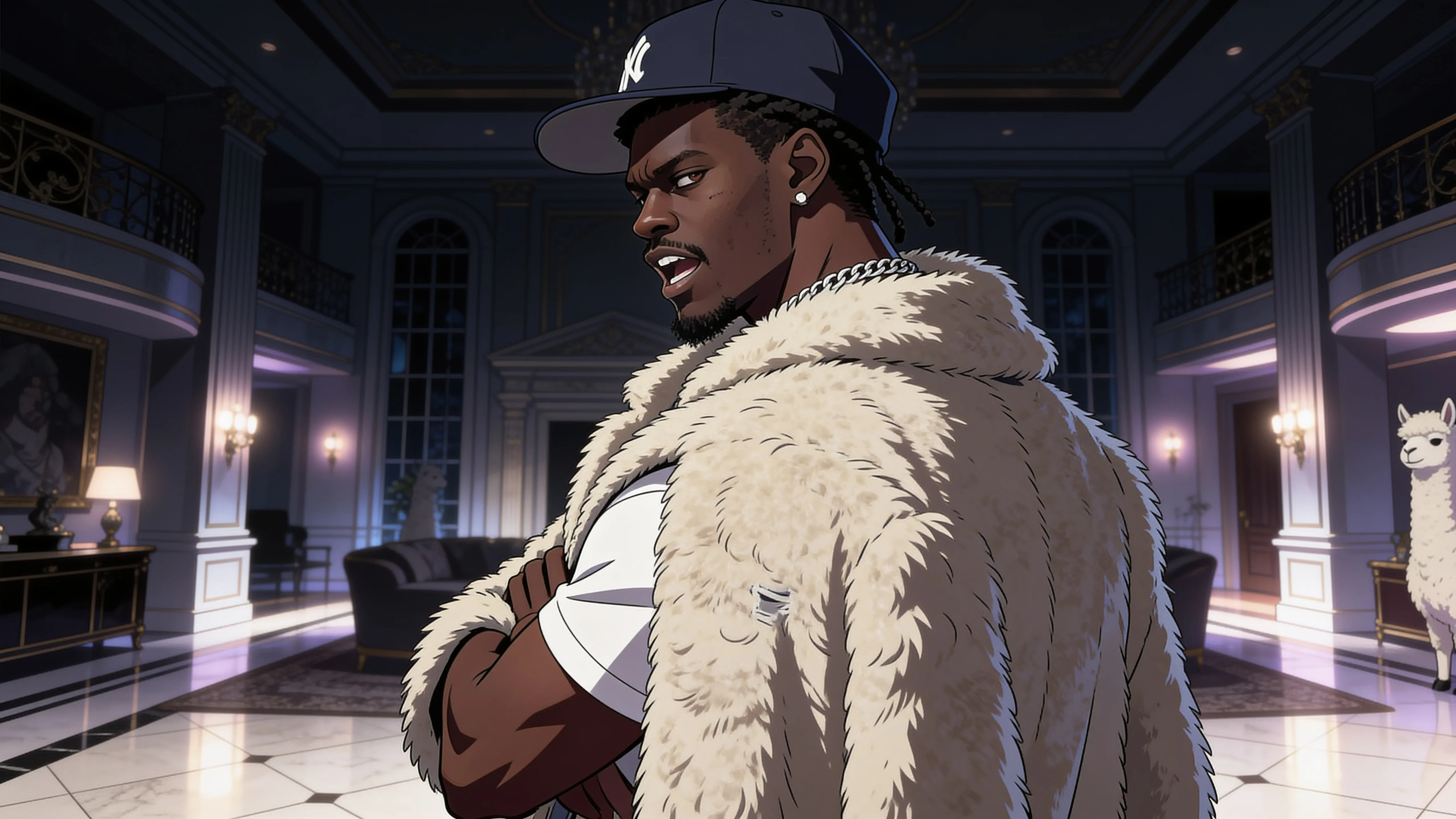 A man in a fur coat and baseball cap stands confidently in an opulent room with a llama nearby.
