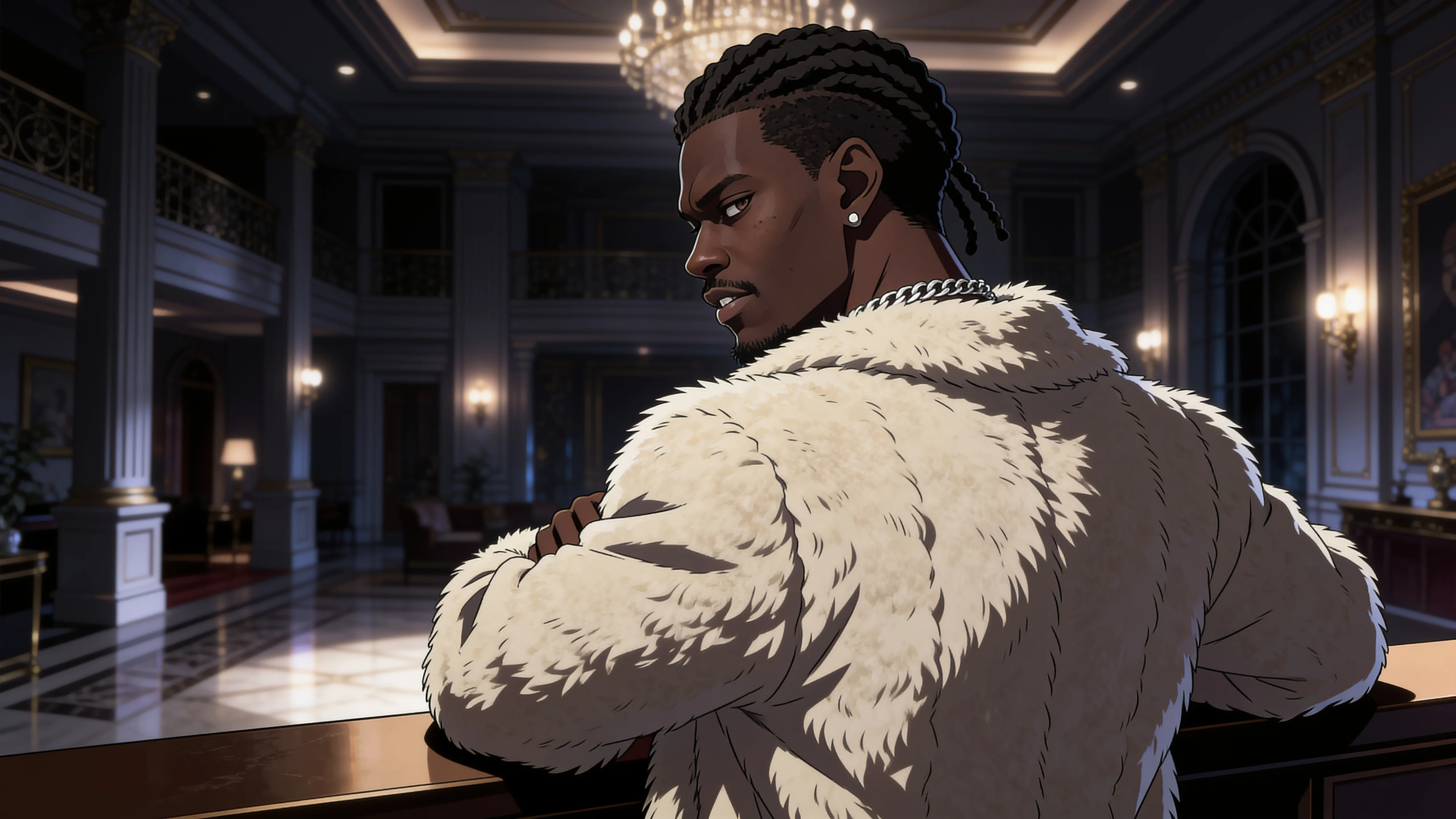 A confident individual in a luxurious setting, dressed formally and exuding an air of sophistication.