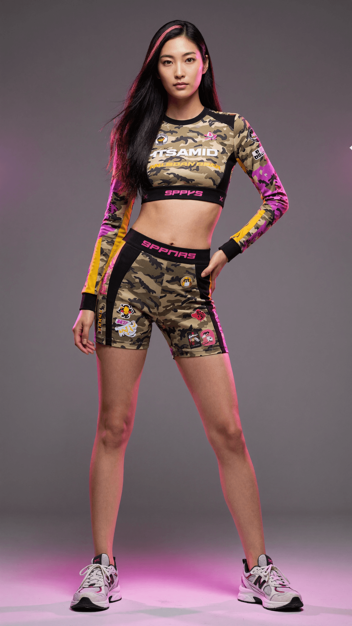 A woman in a camouflage athletic outfit poses confidently in a studio setting.