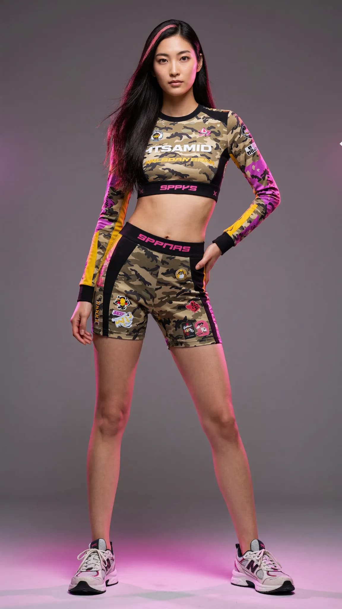 A woman in a camouflage athletic outfit poses confidently in a studio setting.
