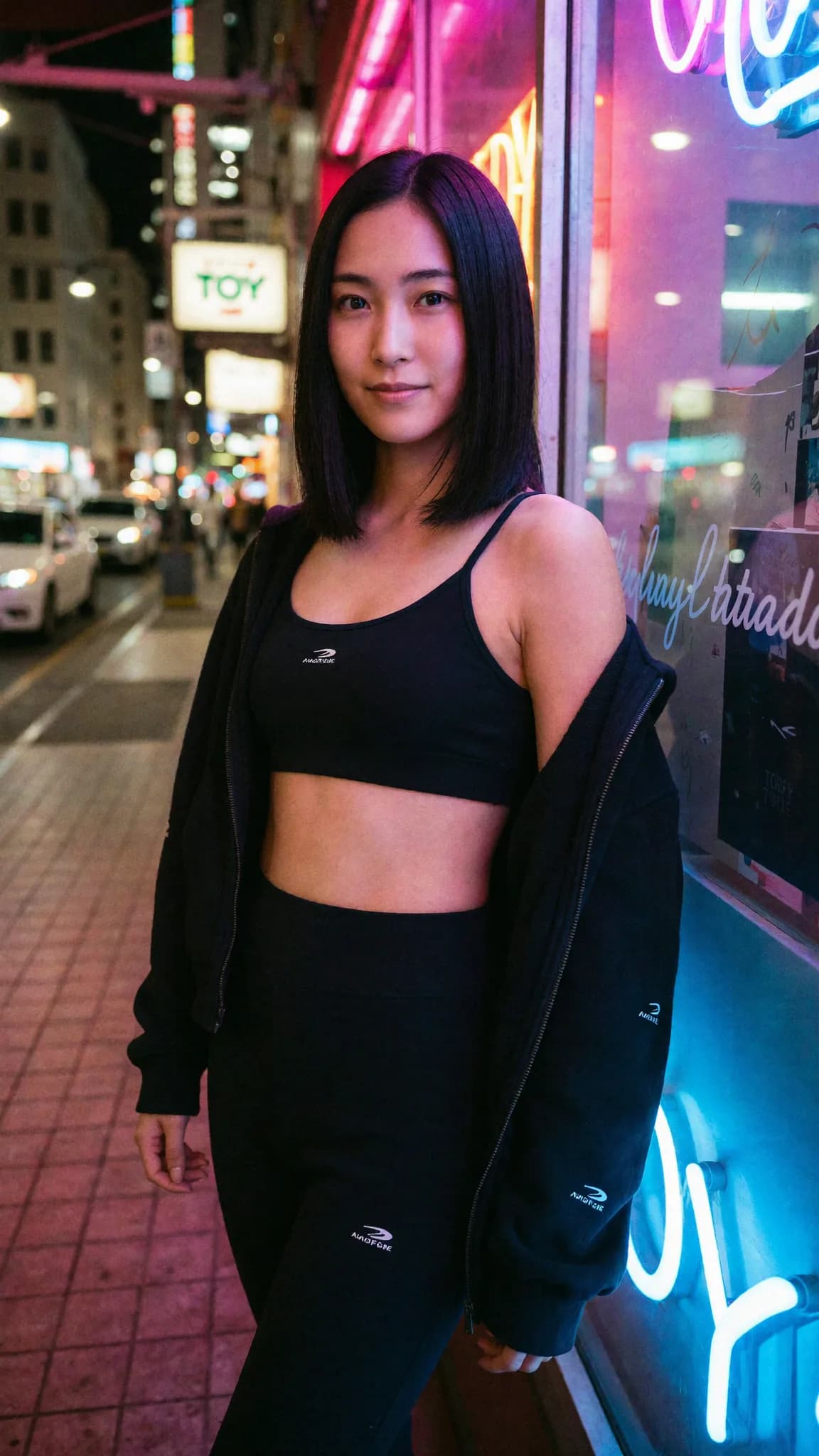 A young woman in athletic wear stands confidently on a city street at night, illuminated by neon lights.