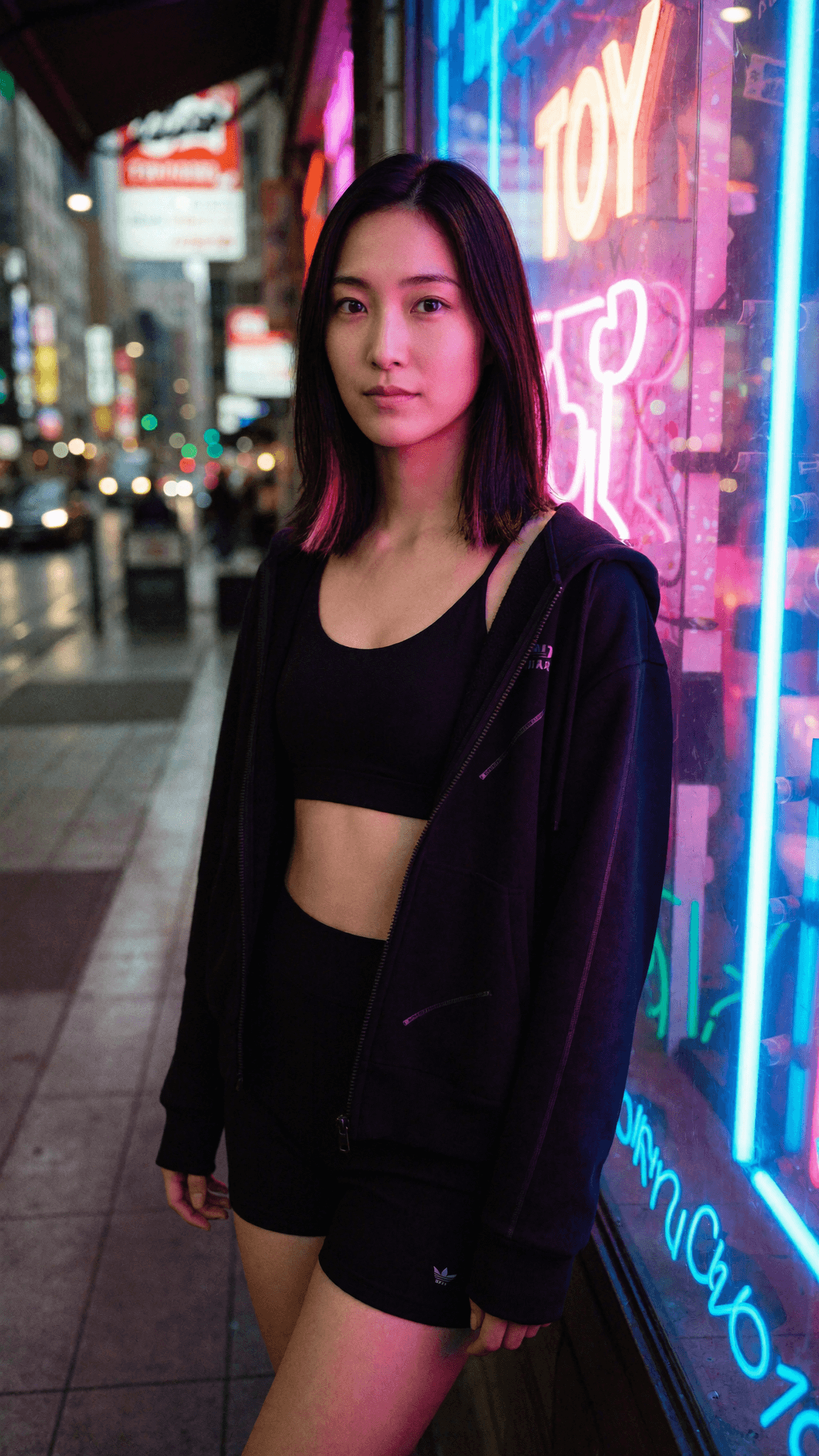 A young woman with a pixie cut stands confidently on a city street, illuminated by neon lights.
