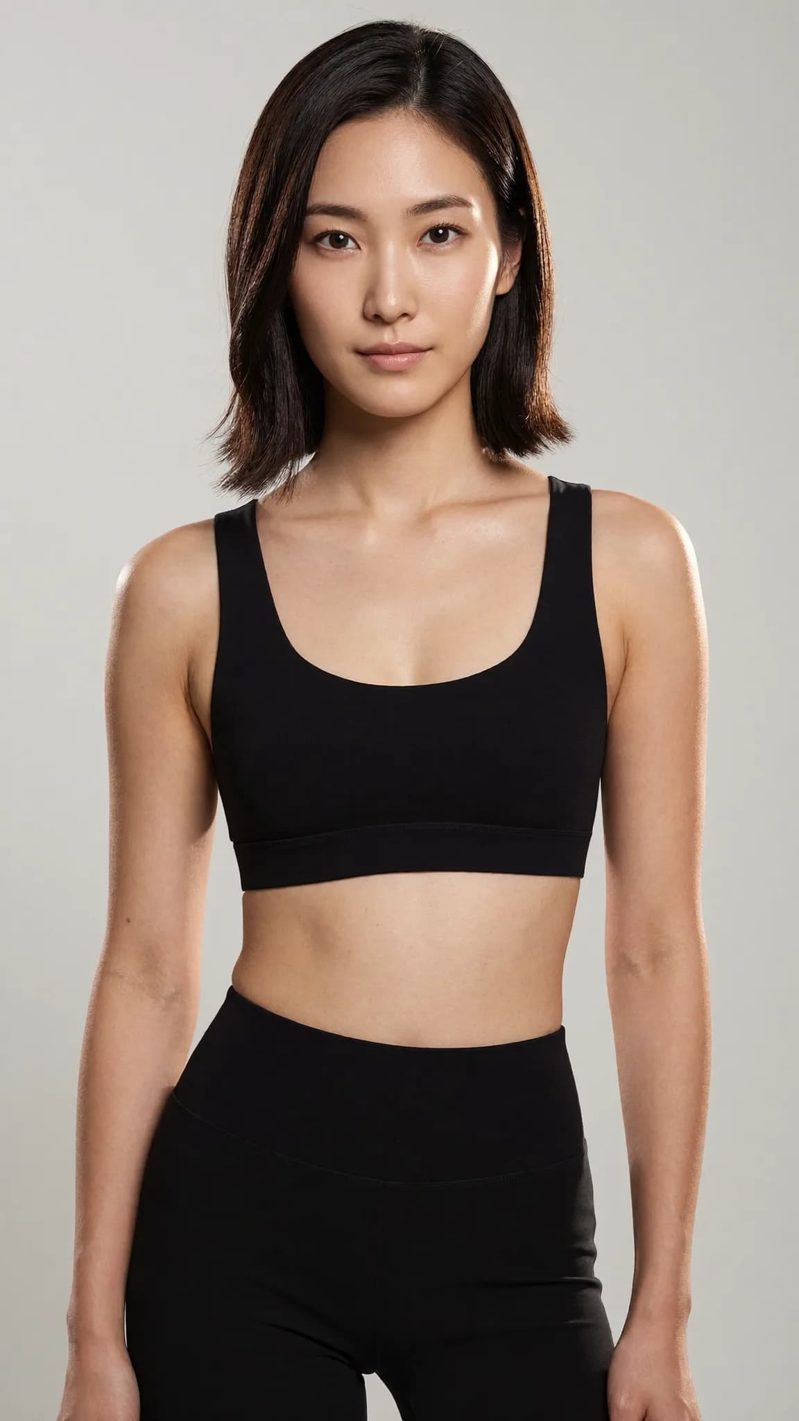 A woman in a black sports bra and leggings poses against a neutral background.