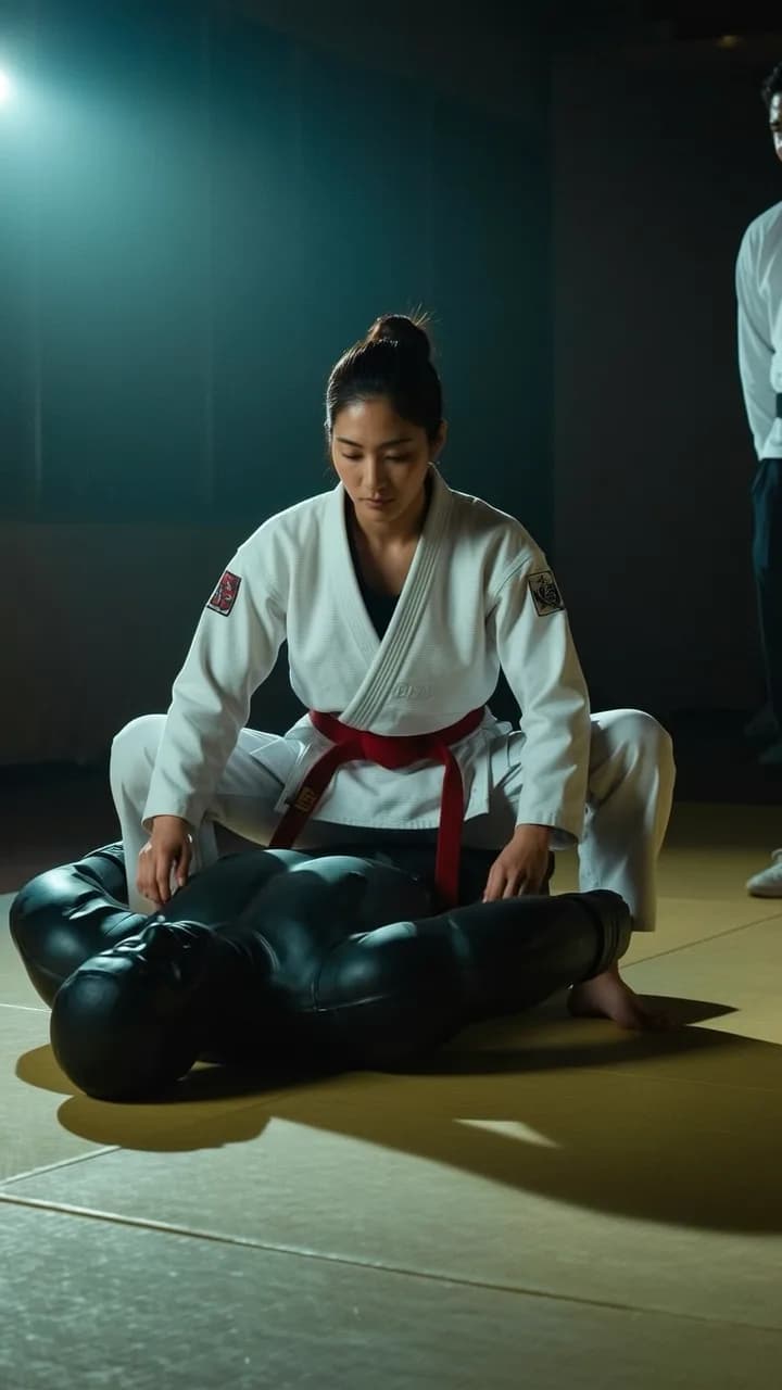 A woman in a white martial arts gi with a red belt is practicing on a mannequin in a studio setting.