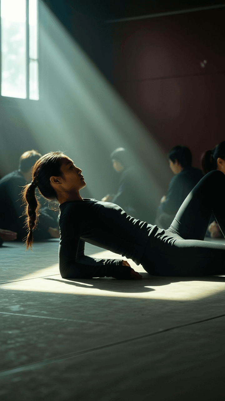 A woman in a yoga pose is bathed in soft light, with others practicing behind her.
