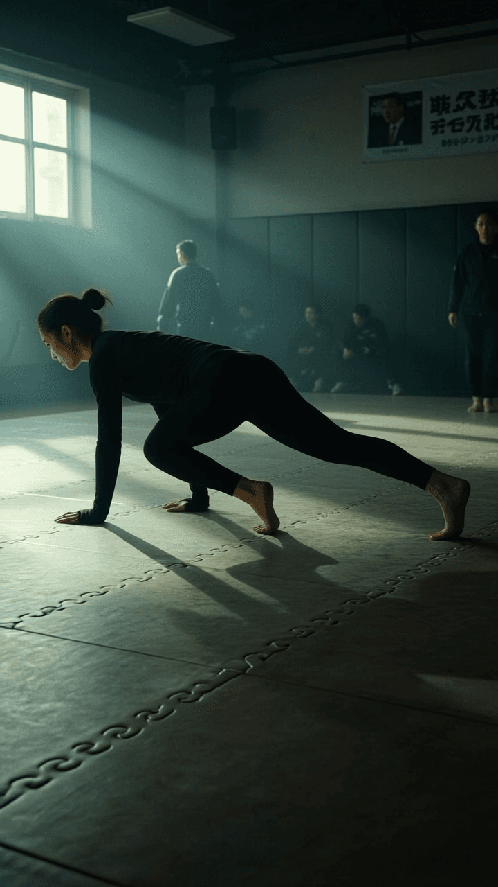 A person is performing a prone exercise in a studio with others observing.