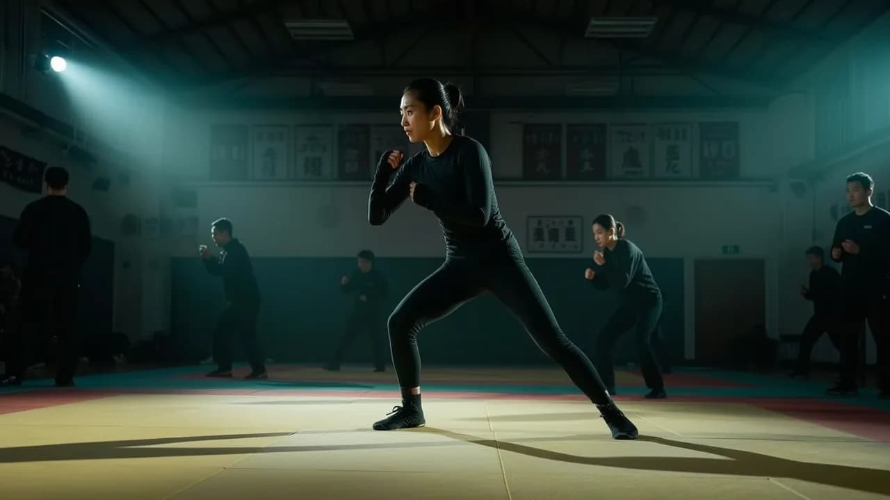 A group of individuals practice martial arts in a dimly lit studio.