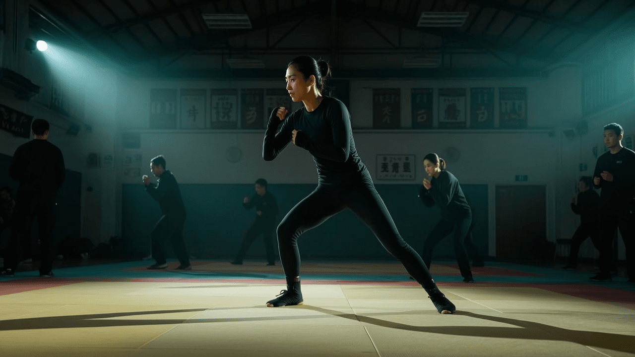 A group of individuals in a martial arts studio perform synchronized stances under focused lighting.