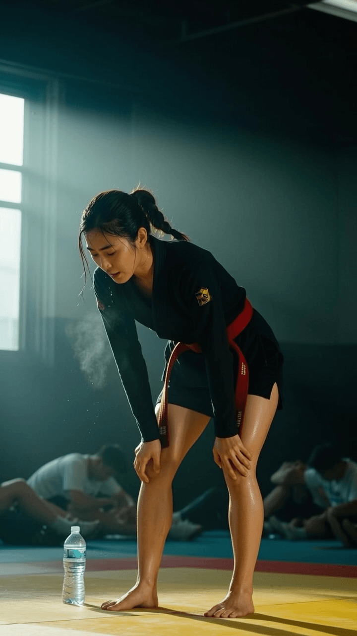A Korean-American woman in a martial arts uniform is bending over to drink water, with other people resting in the background.