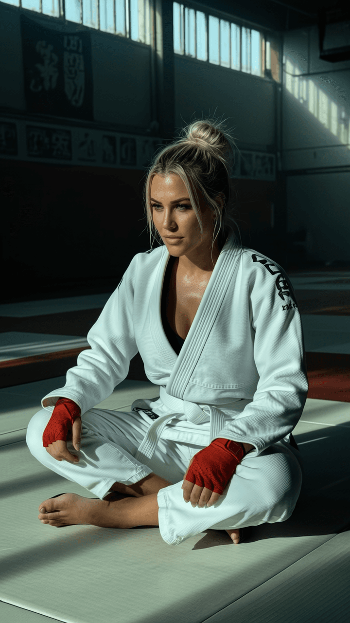 A woman in a white martial arts gi with red gloves sits confidently on the floor of a well-lit studio.