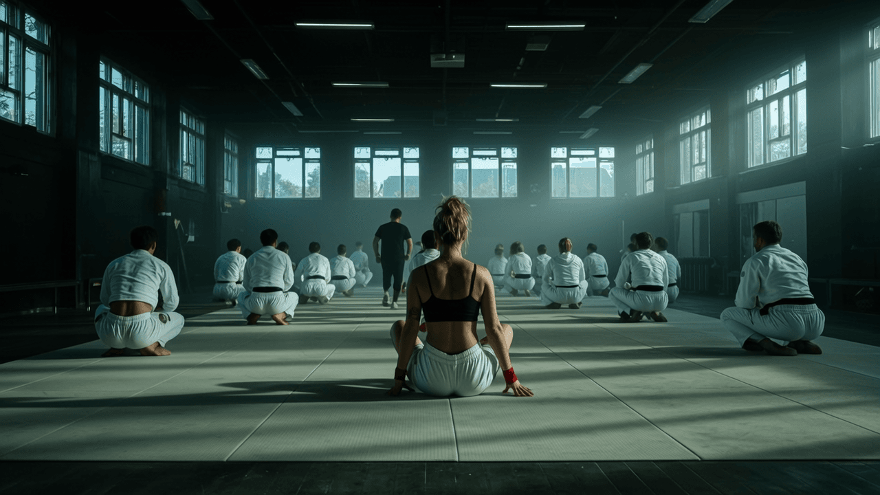 A group of people in a martial arts studio, with one individual sitting at the front wearing casual attire.
