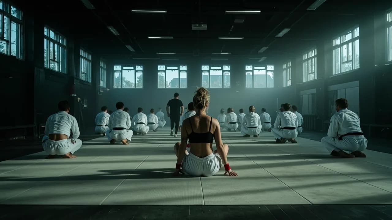 A group of people in a martial arts studio, with one individual sitting at the front wearing casual attire.