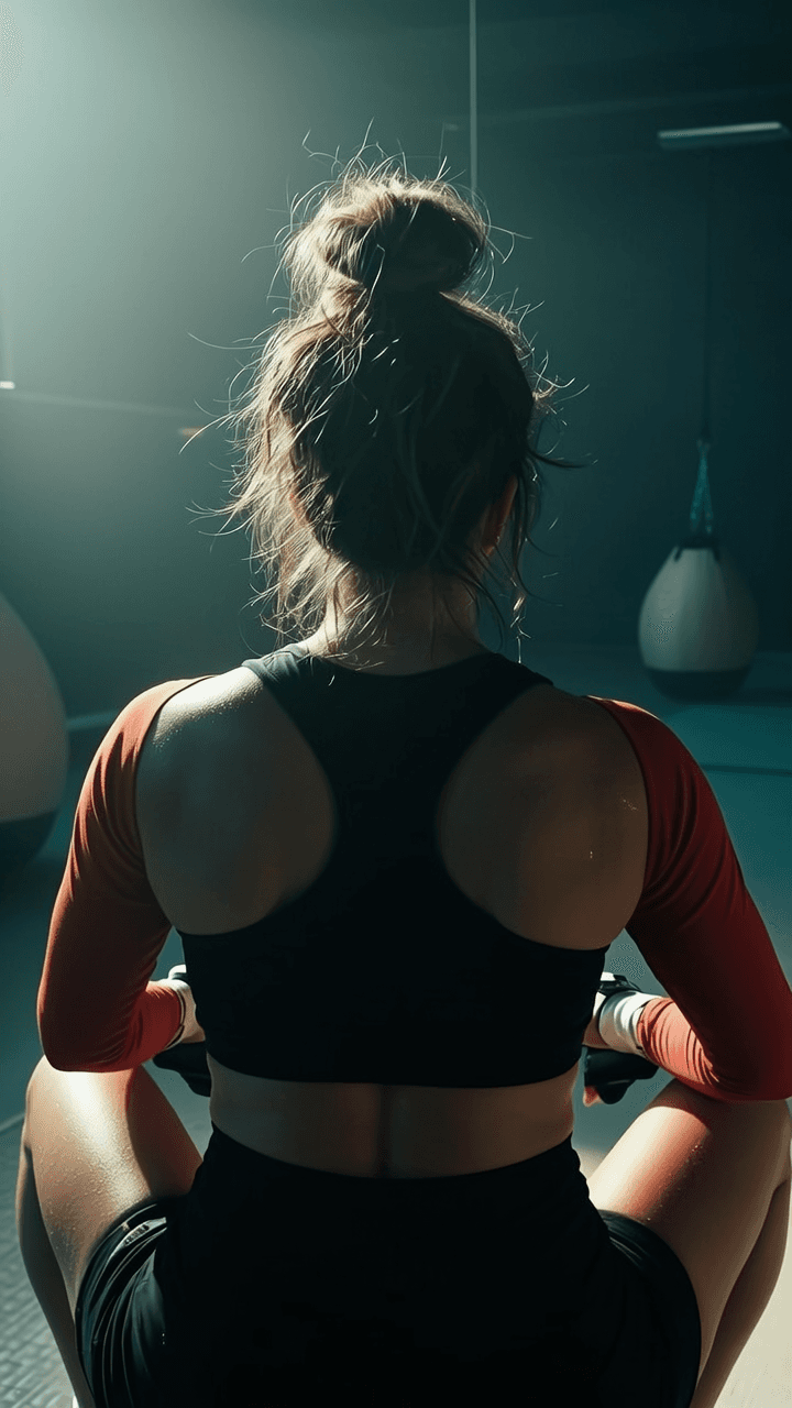 A woman in athletic wear sits in a studio, backlit by soft lighting.