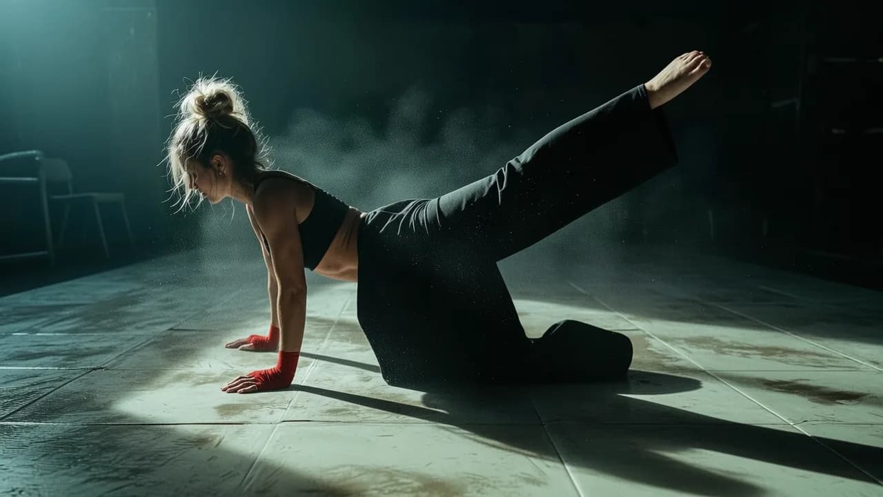 A woman in an athletic pose with a dramatic lighting setup.
