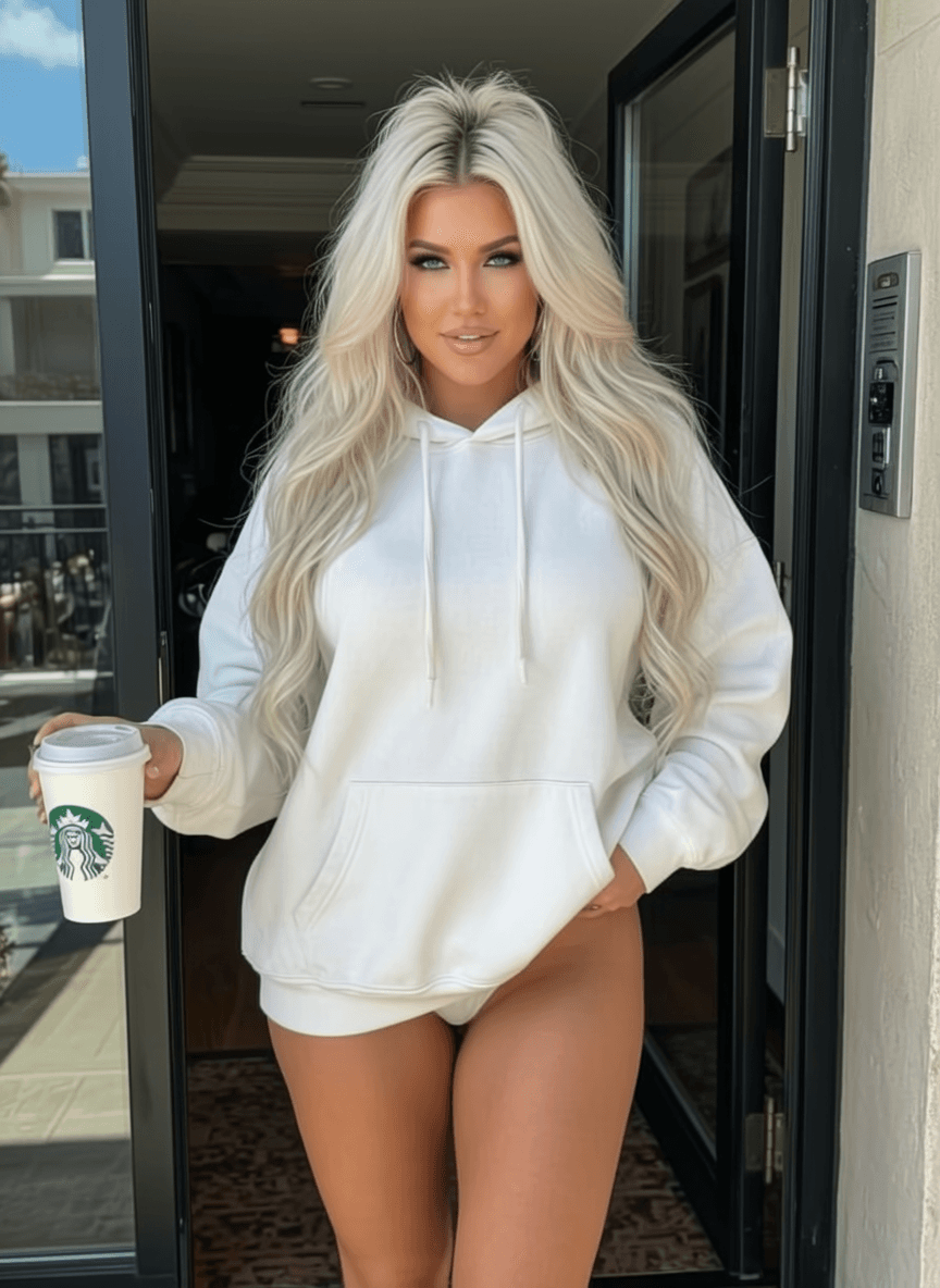 A woman with long blonde hair stands in a doorway wearing an oversized hoodie and holding a Starbucks cup.