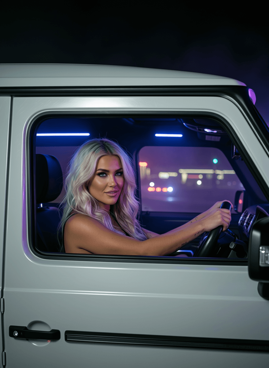 A woman with platinum blonde hair is seated in a car at night, illuminated by neon lights.