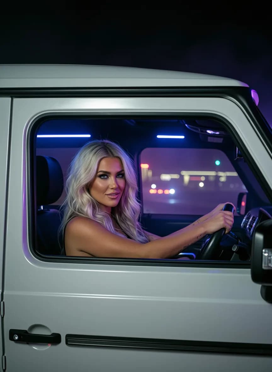 A woman with platinum blonde hair is seated in a car at night, illuminated by neon lights.