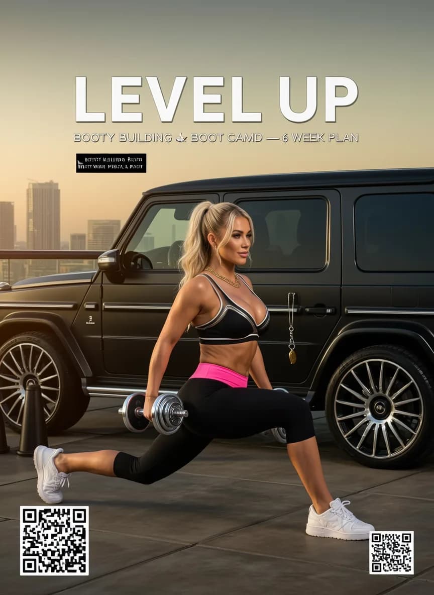 A woman in athletic wear performs a lunge with dumbbells outdoors, standing next to a luxury car.