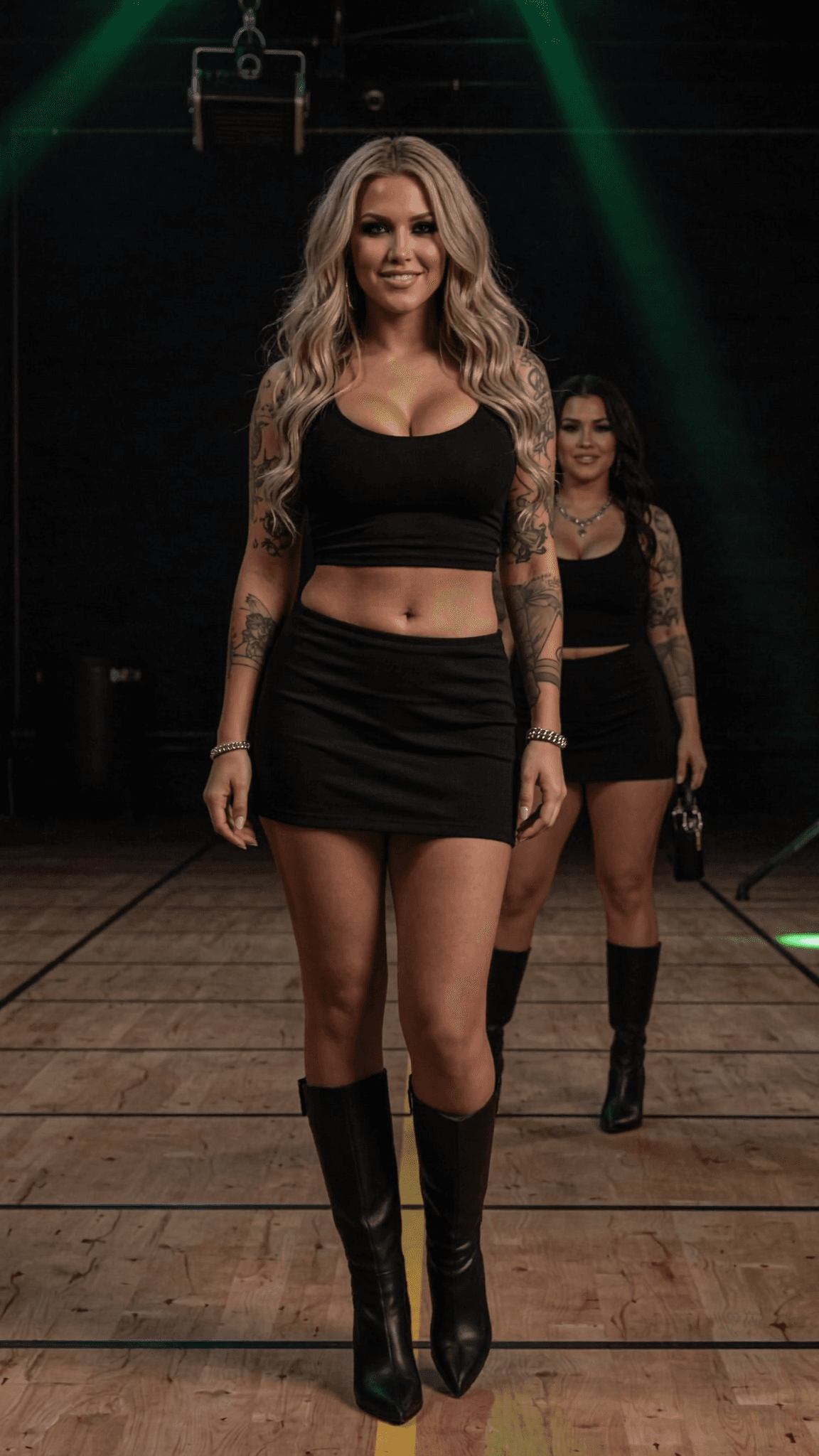 Two women in black outfits walk confidently on a stage with green lighting.