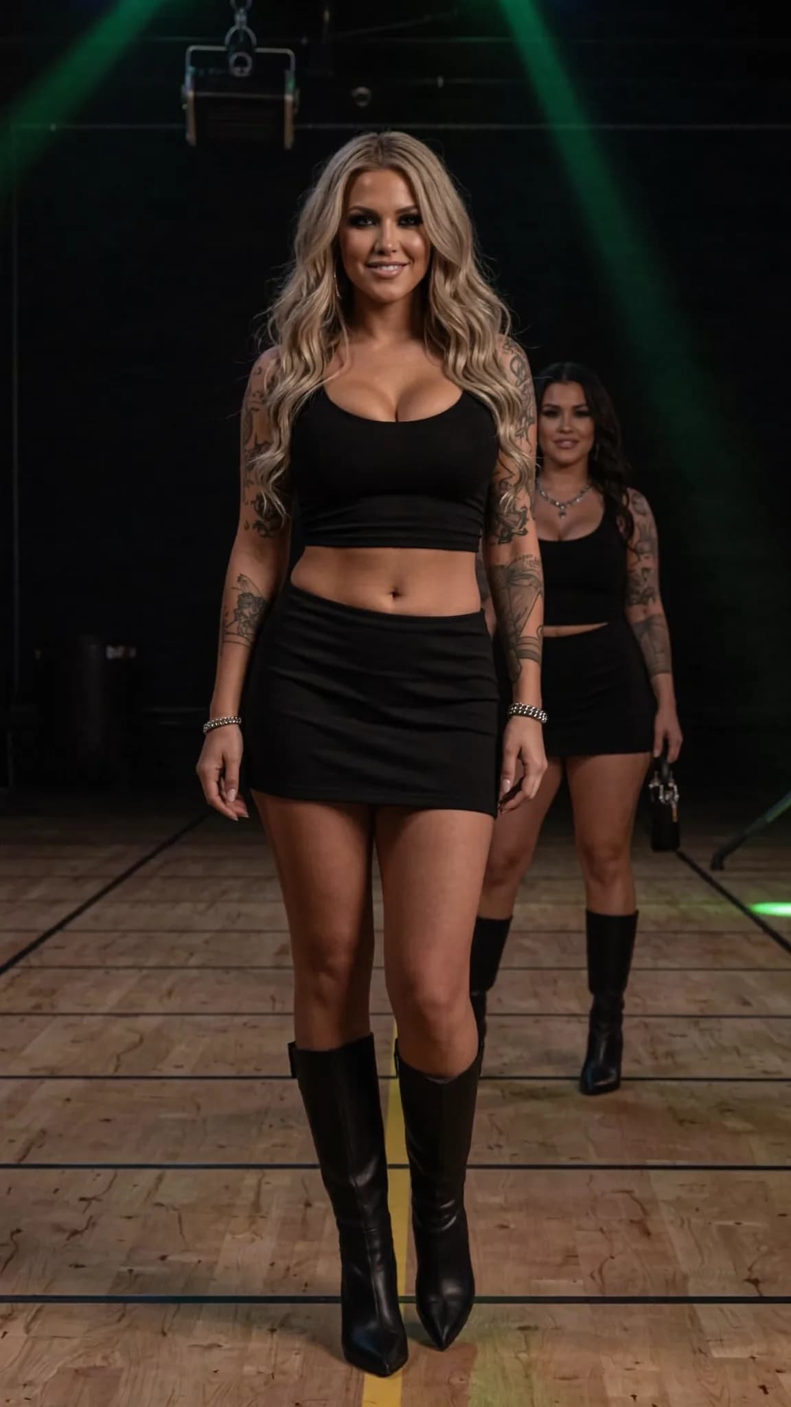 Two women in black outfits walk confidently on a stage with green lighting.