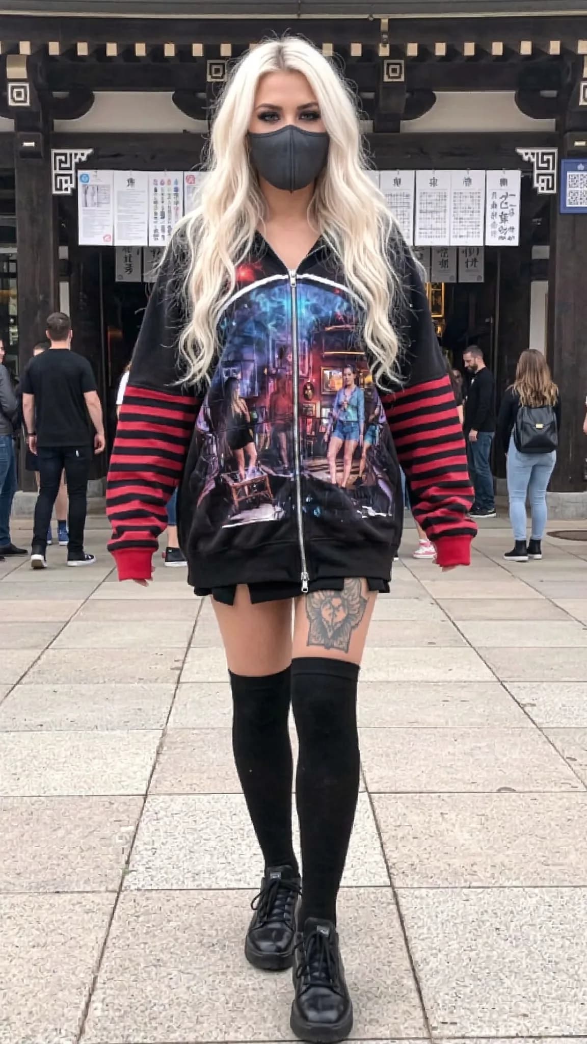 A woman with platinum blonde hair and a black mask stands confidently in an outdoor setting, wearing a graphic hoodie and thigh-high socks.