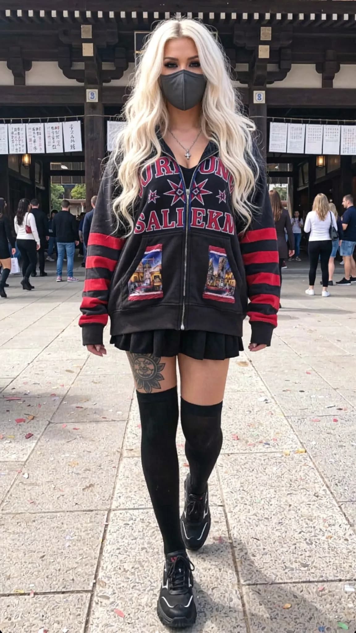 A woman with platinum blonde hair wearing a hoodie and skirt stands outdoors in front of an Asian-style building.