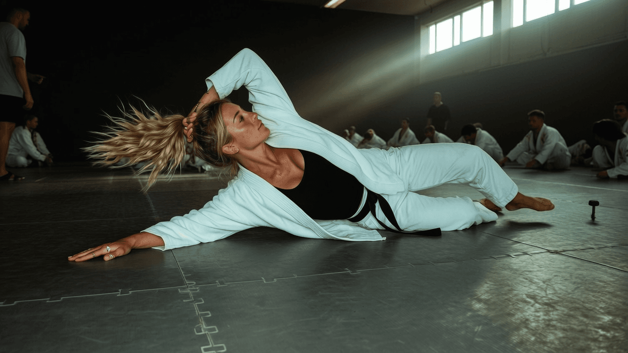 A woman in a white robe performs an athletic pose on the floor of a studio, with others seated in the background.