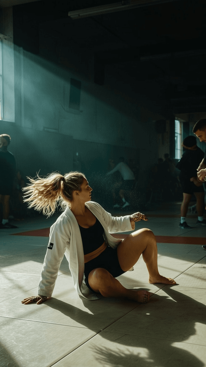 A woman in an athletic outfit sits on the floor of a well-lit studio, with others practicing martial arts in the background.