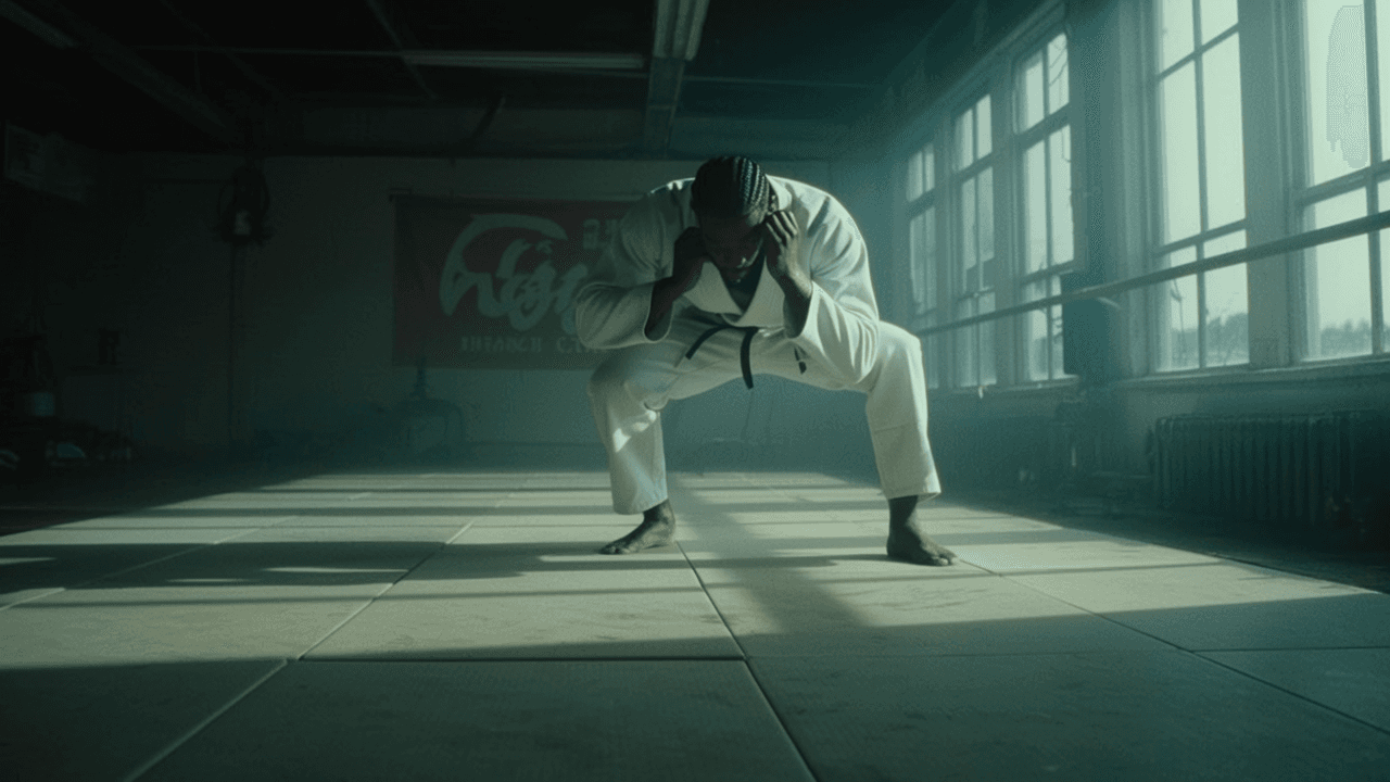 A person in a martial arts pose stands in a dimly lit studio with sunlight streaming through large windows.