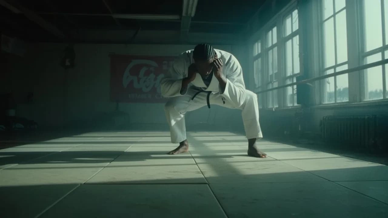 A person in a martial arts pose stands in a dimly lit studio with sunlight streaming through large windows.