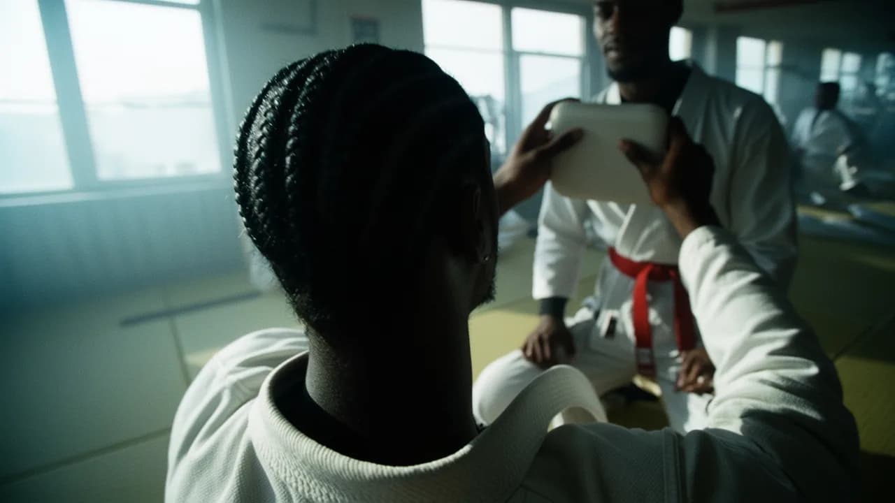 A person in a martial arts uniform interacts with another individual holding an object, set against the backdrop of a well-lit studio.