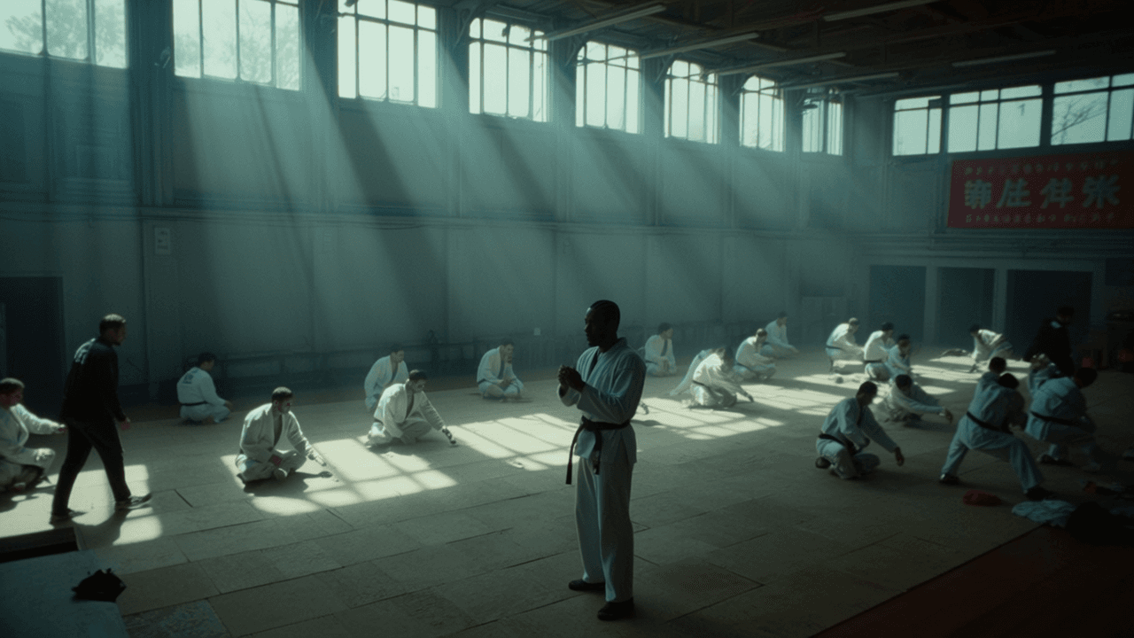 A martial arts class is taking place in a well-lit studio with participants wearing uniforms and engaging in various poses.