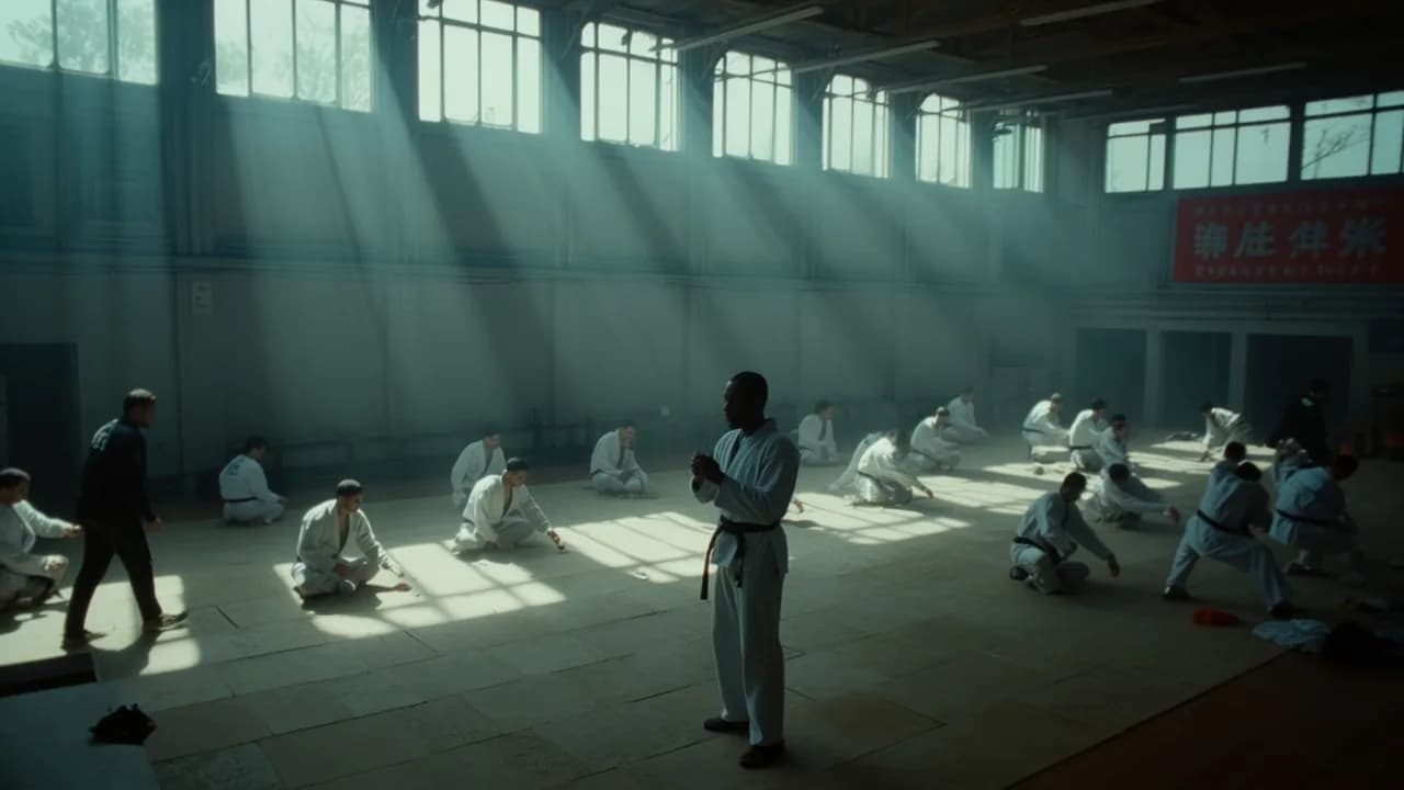 A martial arts class is taking place in a well-lit studio with participants wearing uniforms and engaging in various poses.