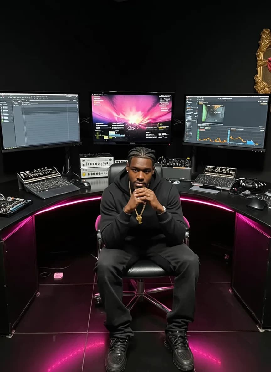 A person is seated in a modern studio setup with multiple monitors and audio equipment.
