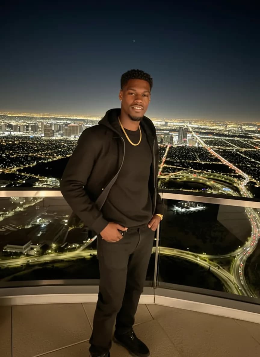 A person stands on a balcony at night, overlooking a cityscape.