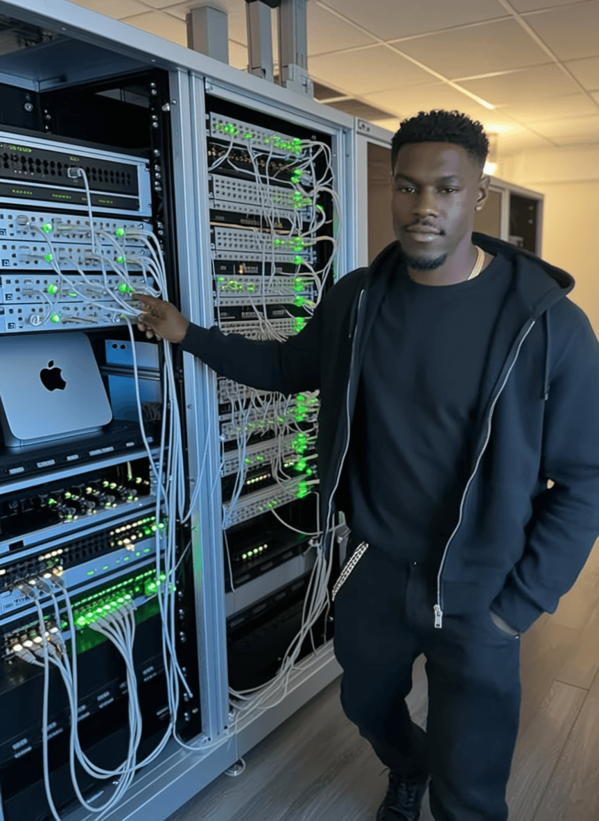 A person stands next to a server rack with green lights, wearing casual clothing.