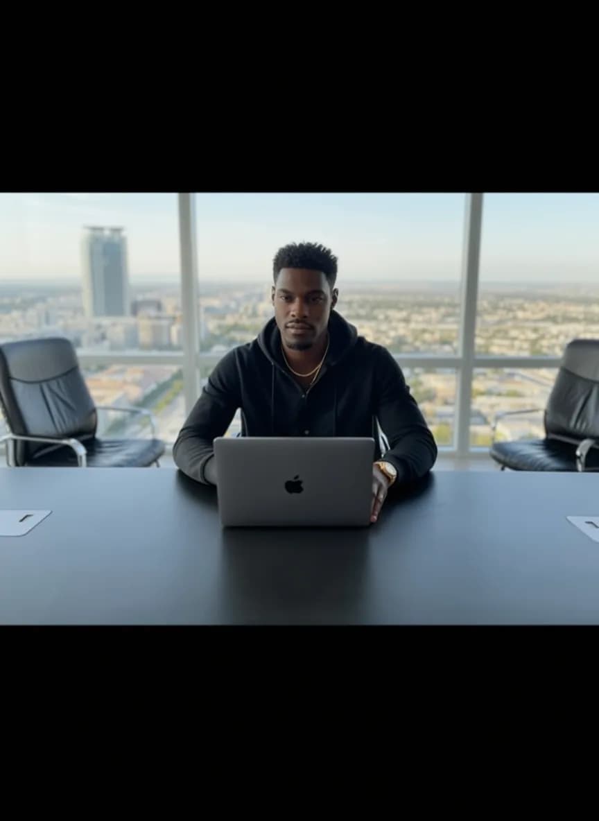 A person in a casual outfit is seated at an office desk with a laptop, overlooking a cityscape.
