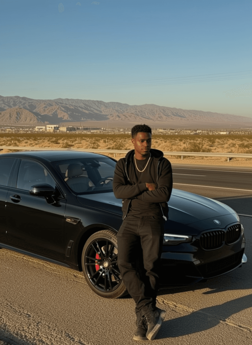 A young man in casual attire stands confidently next to a sleek black car on an outdoor road with mountains in the background.