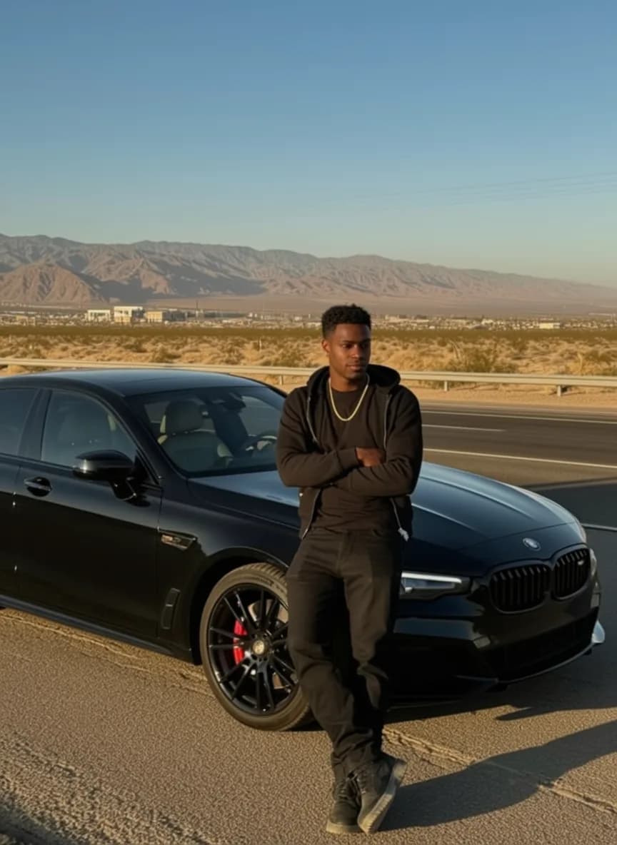 A young man in casual attire stands confidently next to a sleek black car on an outdoor road with mountains in the background.
